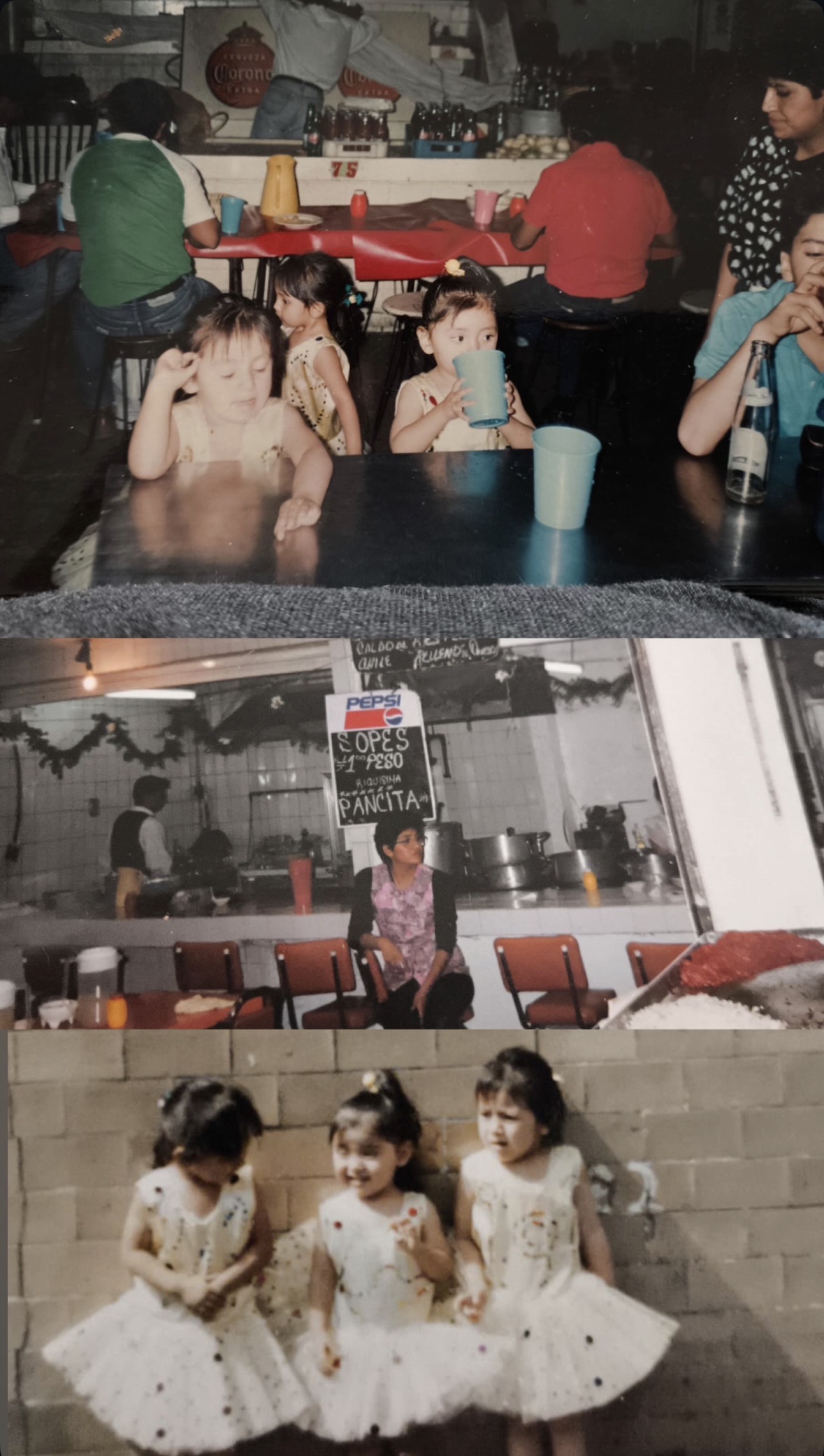 Collage de fotografías de la infancia y el negocio familiar en el mercado.