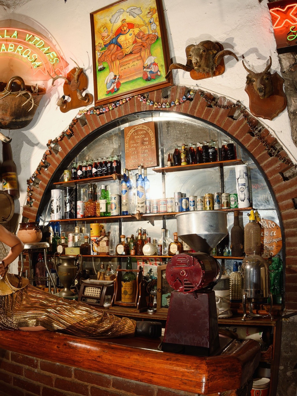 Detalle de la barra con botellas, objetos y una prenda dorada.
